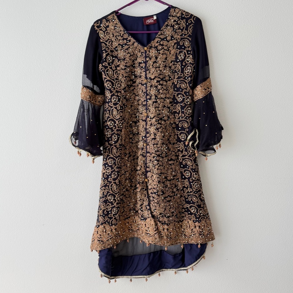 Navy Blue & Gold Embroidered Dress – Girls Size (Formal / Party Wear)
